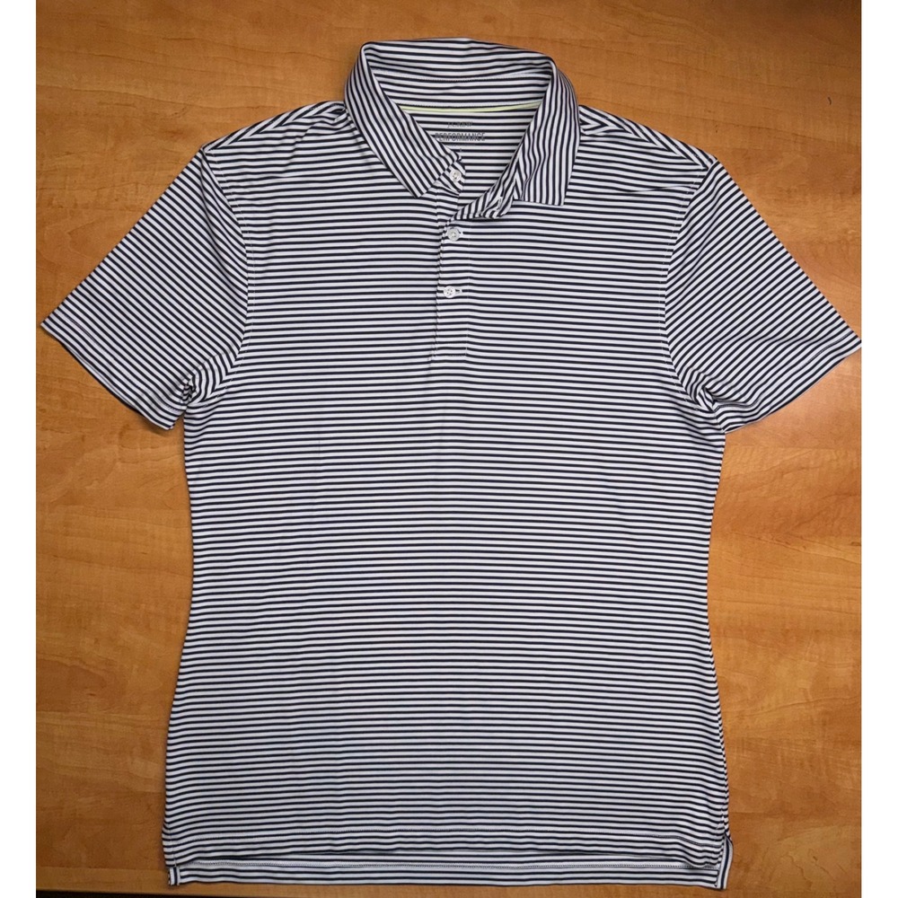 J.Crew Performance Mens Polo Shirt L Navy Blue White Striped Golf Short Sleeve